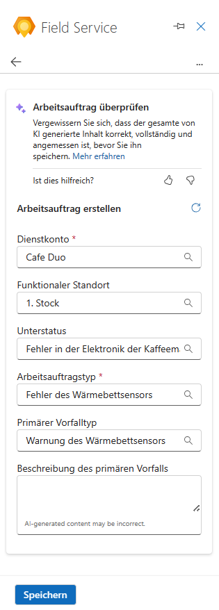 Screenshot des Outlook-Bereichs „Field Service (Vorschau)“ mit einem automatisch generierten Arbeitsauftrag zur Überprüfung