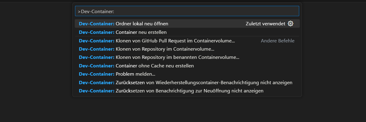 Screenshot: Befehlspalettenoption zum erneuten Öffnen des aktuellen Ordners in der lokalen Umgebung.