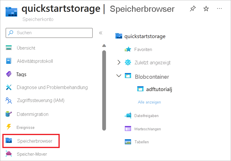 Screenshot des Azure-Portalspeicherkontos mit ausgewähltem Speicherbrowser.