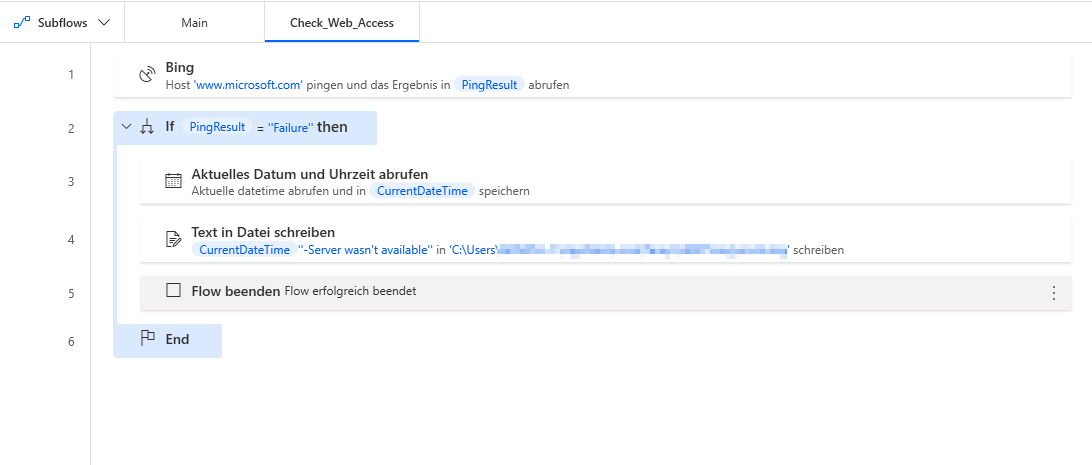 Screenshot der optionalen Aktionen im Subflow „Check_Web_Access“