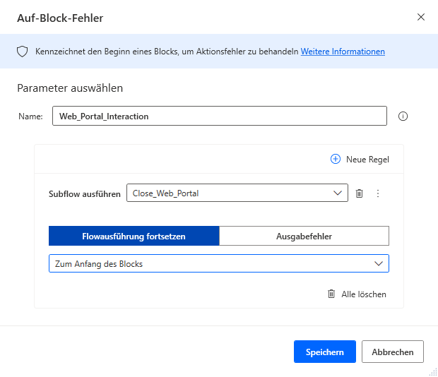 Dialogfeld der Eigenschaften der Aktion „Bei Blockfehler“