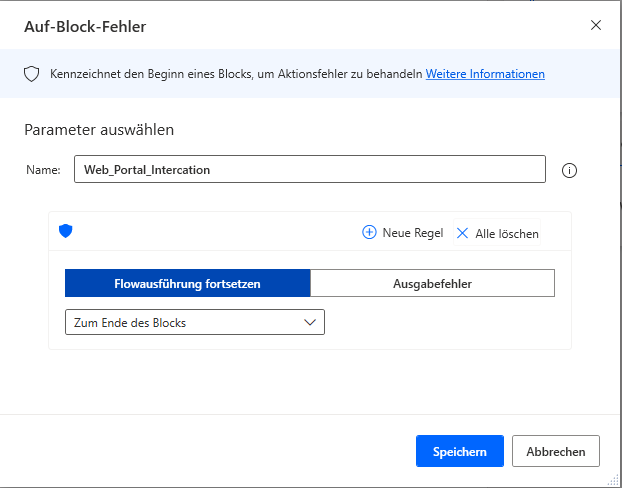 Screenshot der Aktion „Bei Blockfehler“