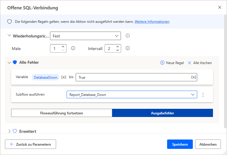 Die ausgefüllte Registerkarte für Eigenschaften der Aktion „Ausnahmebehandlung in der offenen SQL-Verbindung“