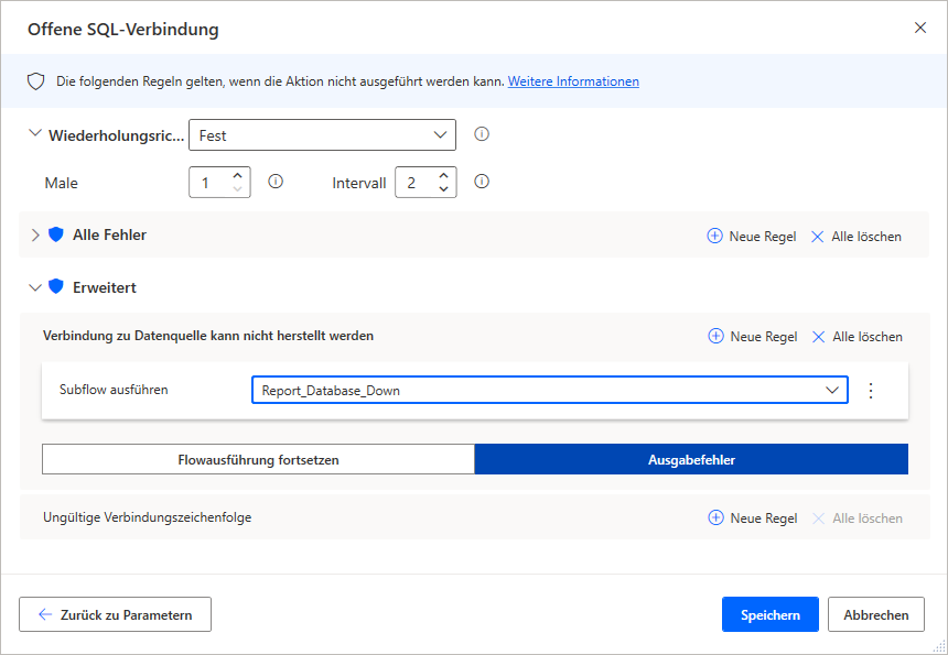 Die ausgefüllte Registerkarte für Eigenschaften der Aktion „Ausnahmebehandlung in der offenen SQL-Verbindung“ mit ausgewählten Ausnahmen