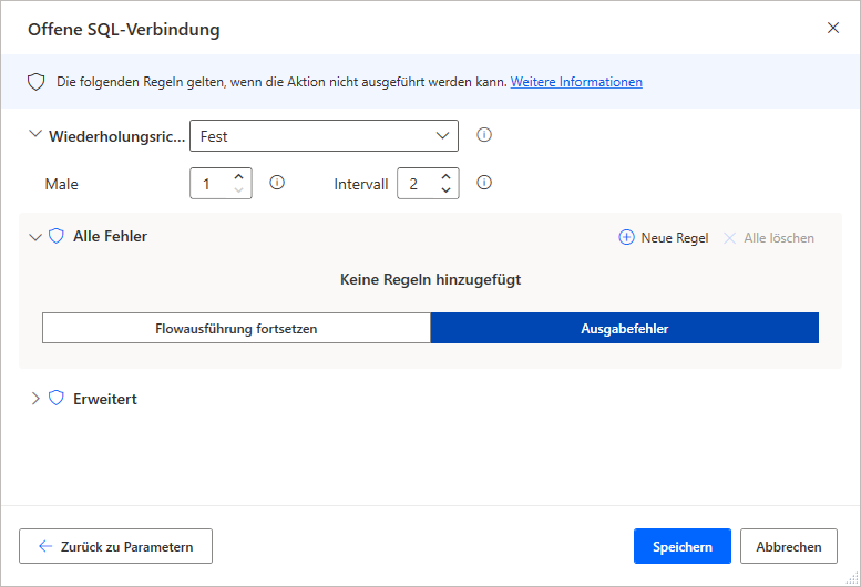 Eigenschaften der Aktion „Ausnahmebehandlung in der offenen SQL-Verbindung“