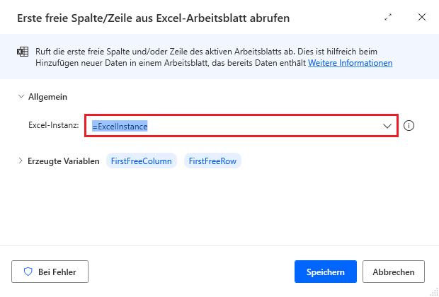 Screenshot des Dialogfelds der Aktion „Erste freie Spalte/Zeile aus Excel-Arbeitsblatt abrufen“