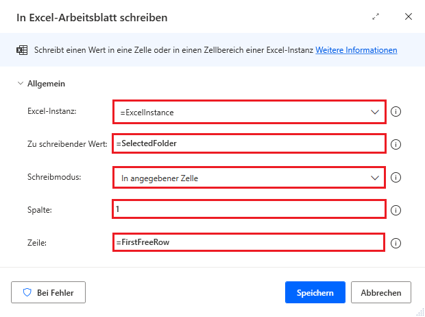 Screenshot der Aktion „In Excel-Arbeitsblatt schreiben“ mit Schreiben des Ordnerpfads