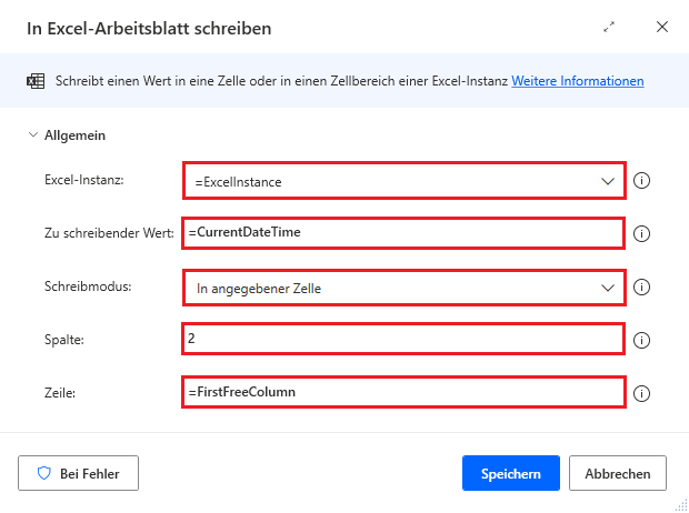 Screenshot der Aktion „In Excel-Arbeitsblatt schreiben“ mit Schreiben des Zeitstempels