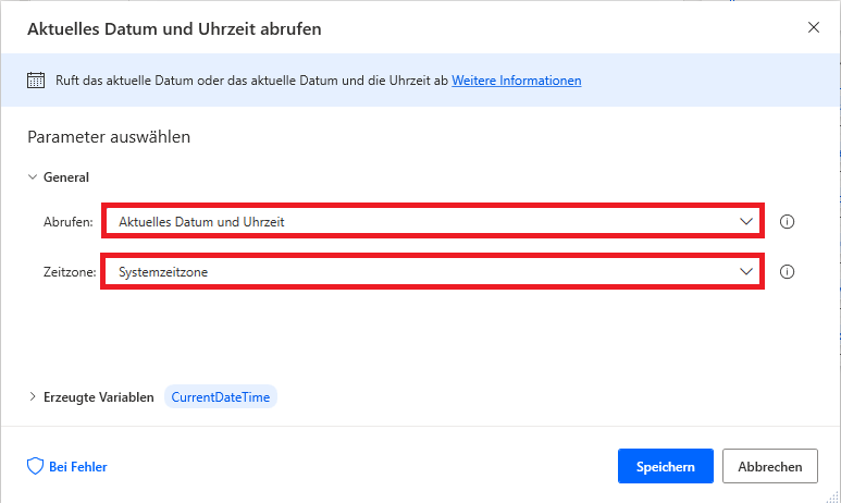 Screenshot des Dialogfelds der Aktion „Aktuelles Datum und Uhrzeit abrufen“