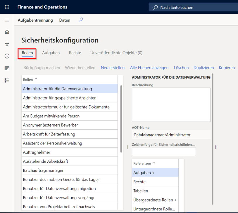 Screenshot der Seite „Sicherheitskonfiguration“ mit hervorgehobenen Rollen