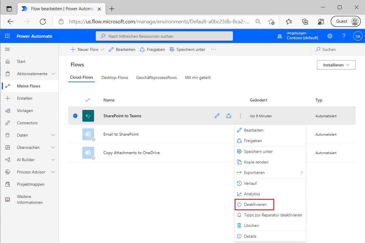 Screenshot des aktivierten Power Automate-Flows