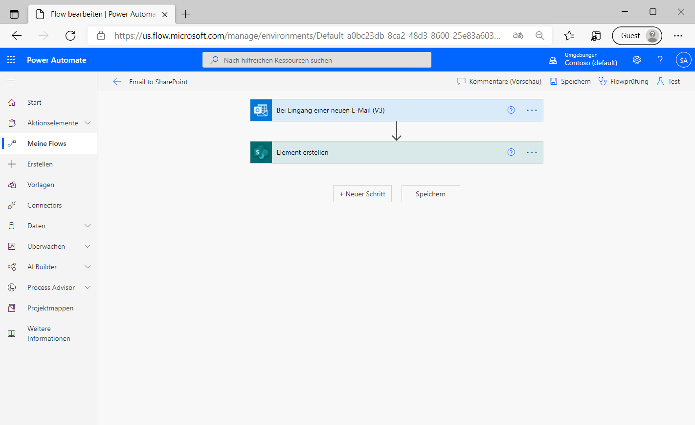 Screenshot des Power Automate-Beispielflows mit SharePoint