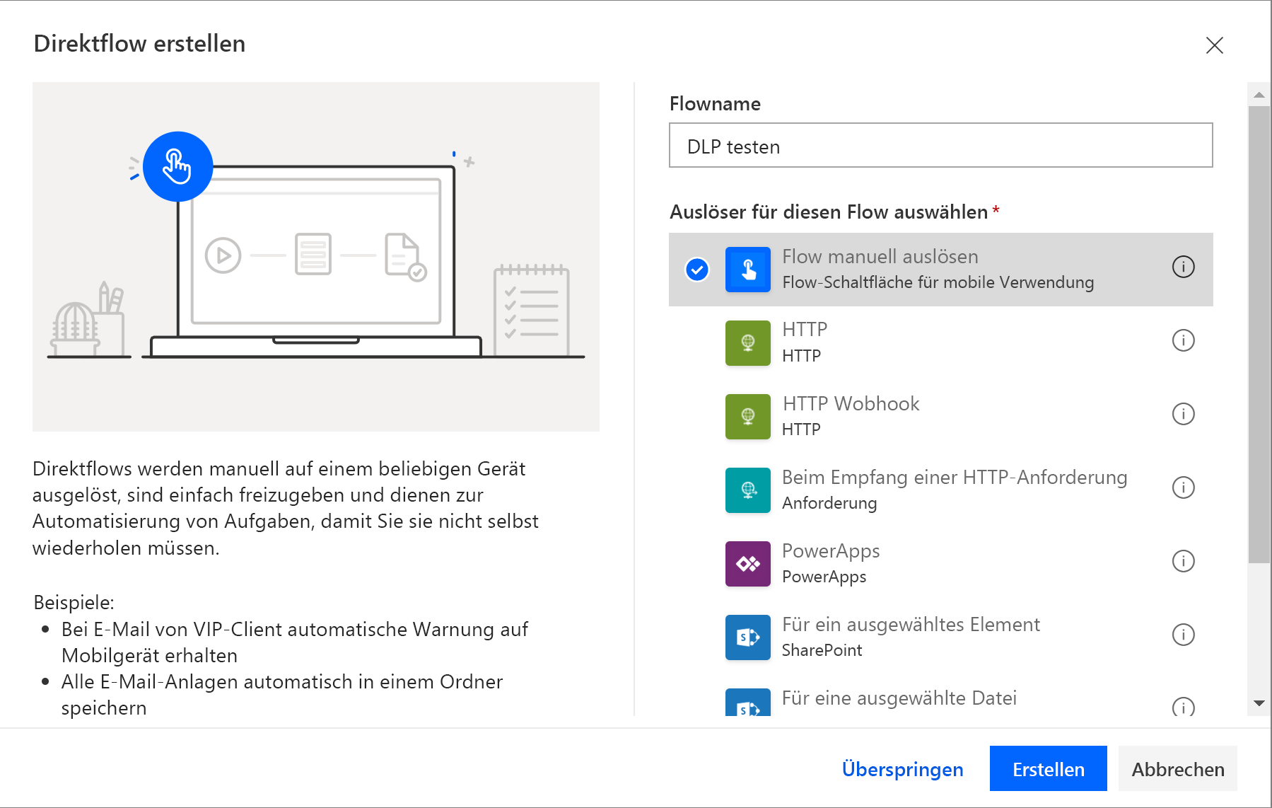 Screenshot des Dialogfelds zum Erstellen eines Direktflows