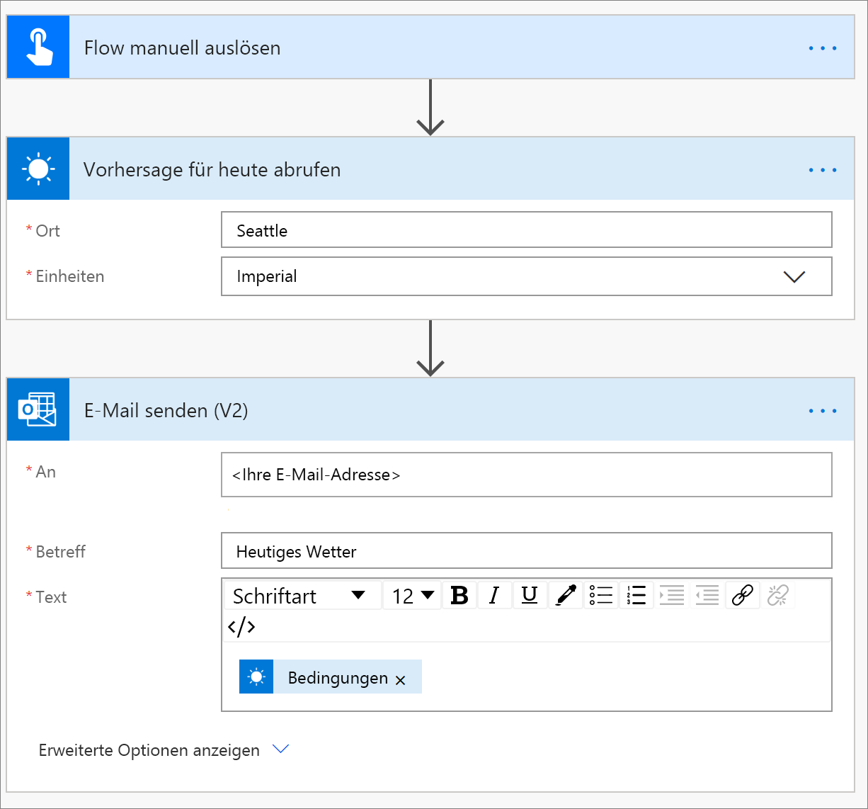 Screenshot der Aktionen „Vorhersage für heute abrufen“ und „E-Mail senden“