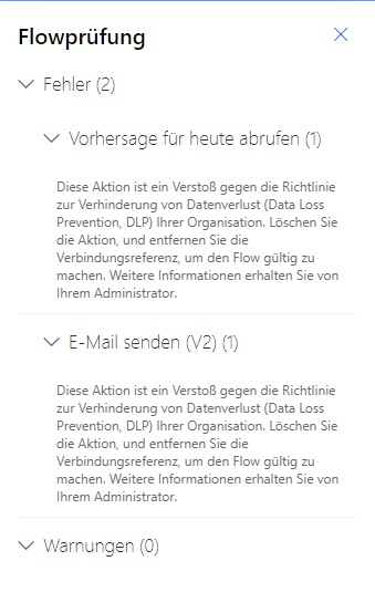 Screenshot des Flow-Checker mit zwei Fehlern und keinen Warnungen