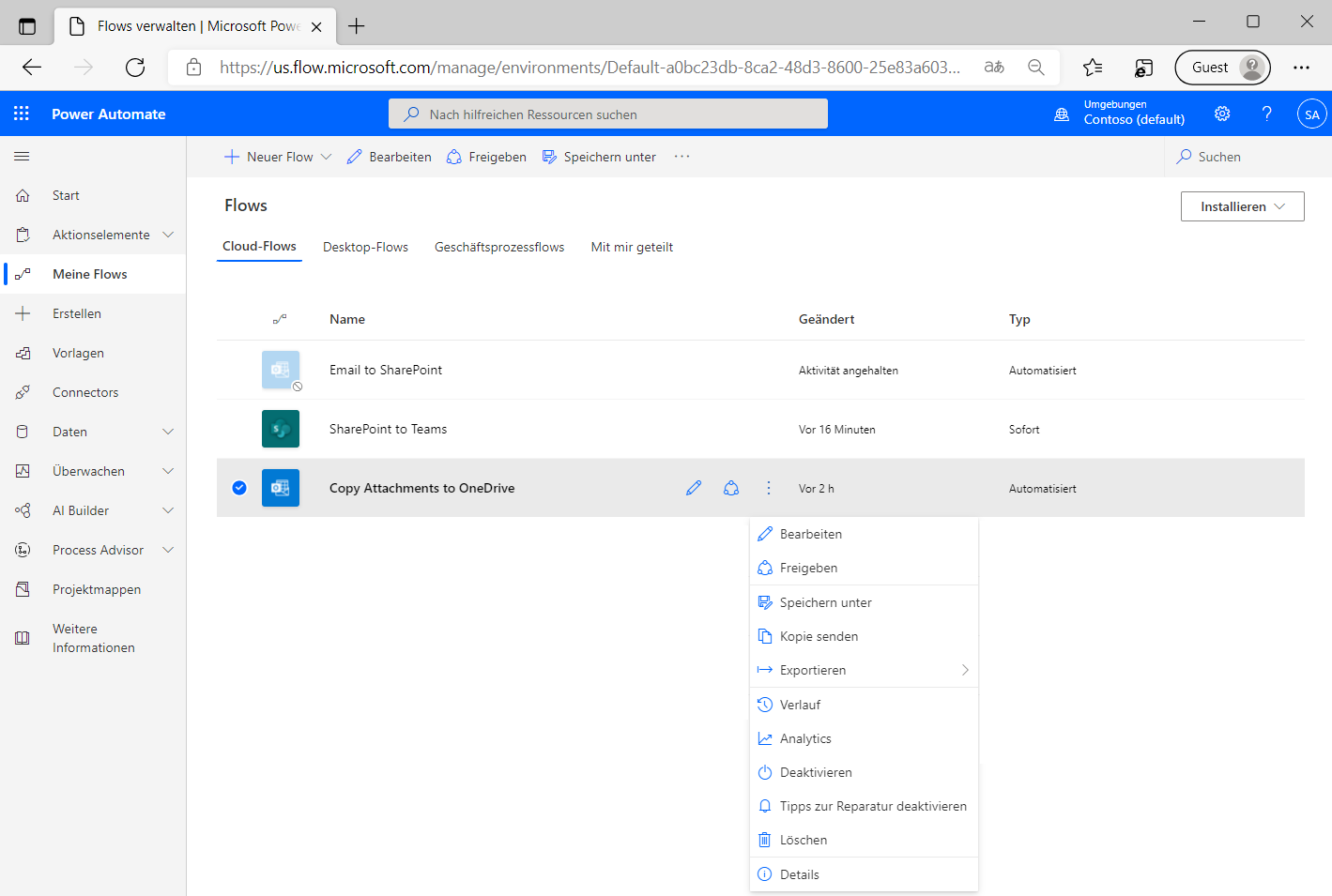 Screenshot des aktivierten Power Automate-Flows