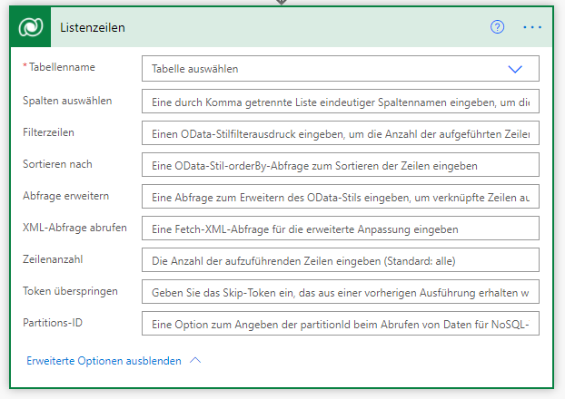 Screenshot mit der Aktion „Zeilen auflisten“