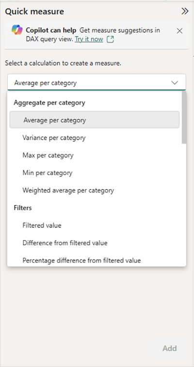 Screenshot des Bereichs „Quickmeasures“ mit einigen vorab ausgefüllten Optionen, einschließlich Durchschnittswerten und Filtern.