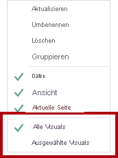 Abbildung des Kontextmenüs für Lesezeichen mit „Alle Visuals“ und „Ausgewählte Visuals“.