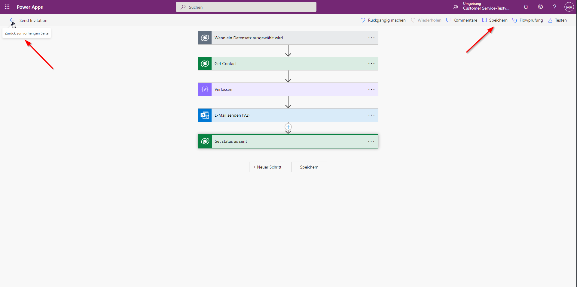 Screenshot des Schritts zum Speichern und Verlassen des Flow-Editors