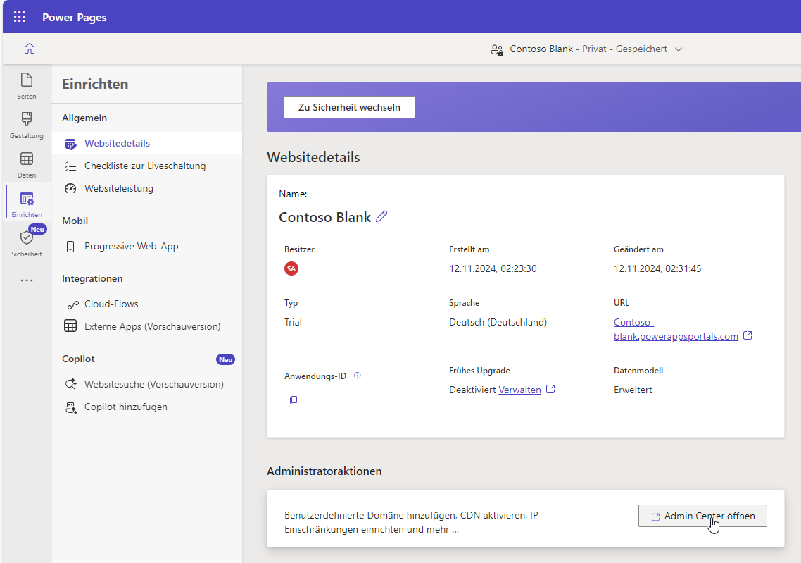 Screenshot des Power Pages-Admin Center-Zugriffs aus dem Power Pages-Designstudio