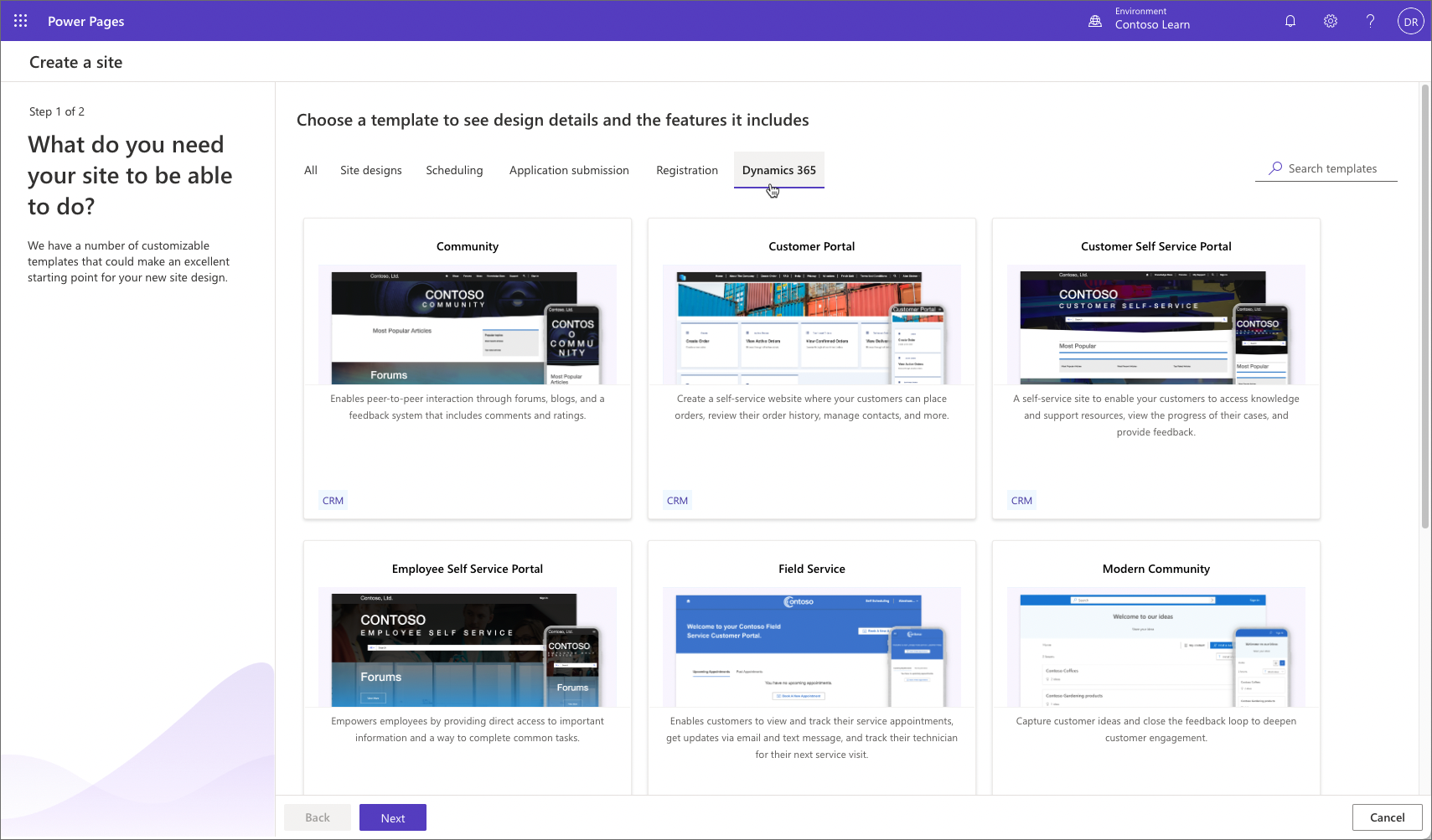 Screenshot der Dynamics 365-Portalvorlagen in Power Pages.