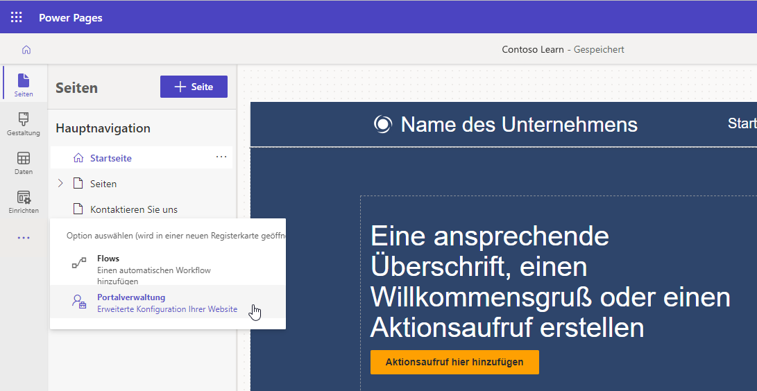 Screenshot des Zugriffs auf die Portalverwaltung von Power Pages-Designstudio.