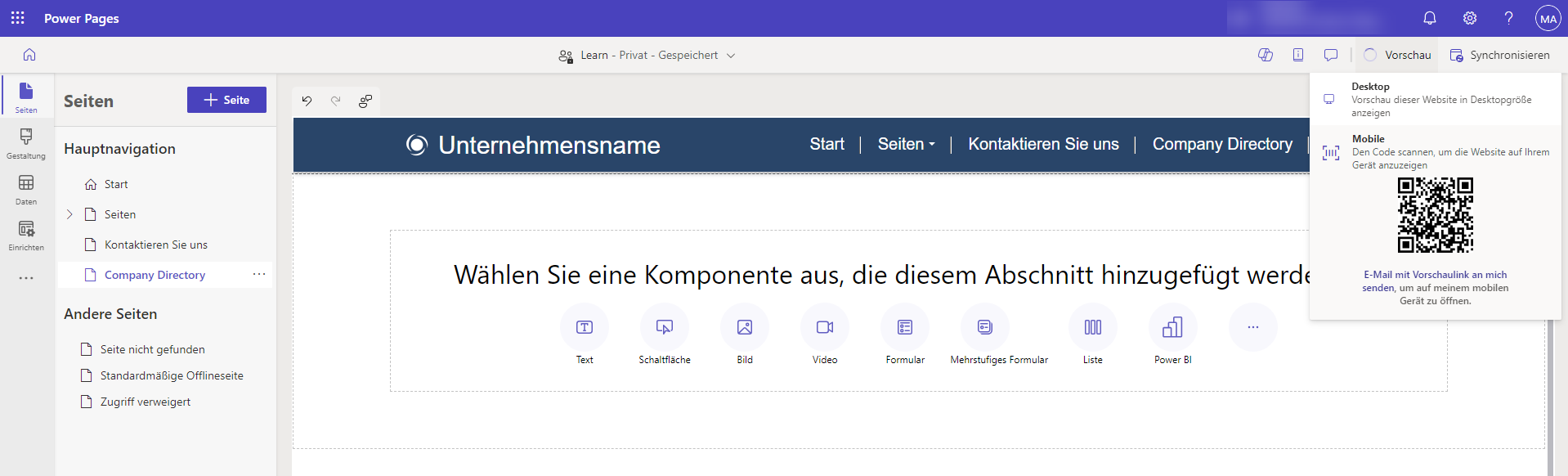 Screenshot des Befehls „Seitenvorschau“ in Power Pages-Designstudio