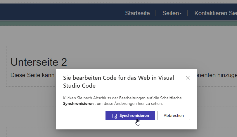 Screenshot einer Aufforderung zum Synchronisieren von Seiteninhalten nach Abschluss der Bearbeitung in Visual Studio Code für das Web