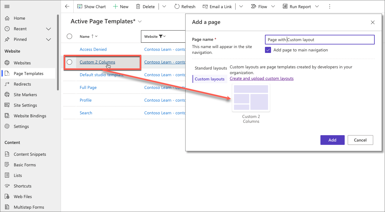 Screenshot der benutzerdefinierten Seitenvorlage, die in Power Pages Design Studio als Layout verfügbar ist