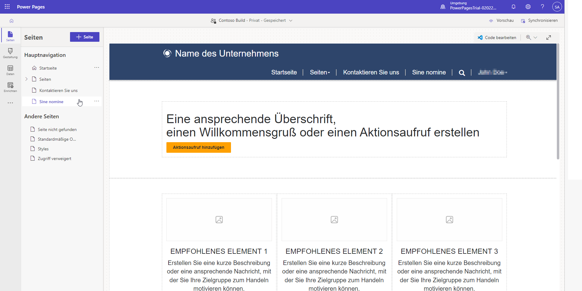 Screenshot der Erstellungsseite mit Zielseitenlayout