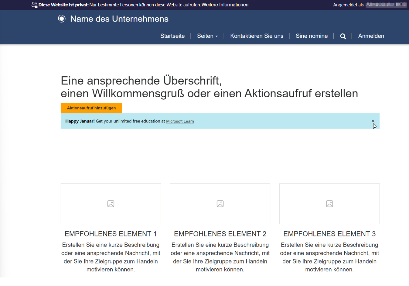 Screenshot einer Power Pages-Seite mit verschiedenen Bootstrap-Inhalten