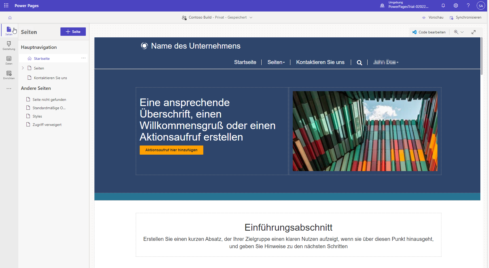 Screenshot von Power Pages Design Studio mit einer Website im Bearbeitungsmodus und dem ausgewählten Arbeitsbereich „Seiten“