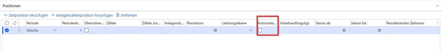 Screenshot des Inforegisters „Positionen“ und des Kontrollkästchens „Automatisch erstellen“