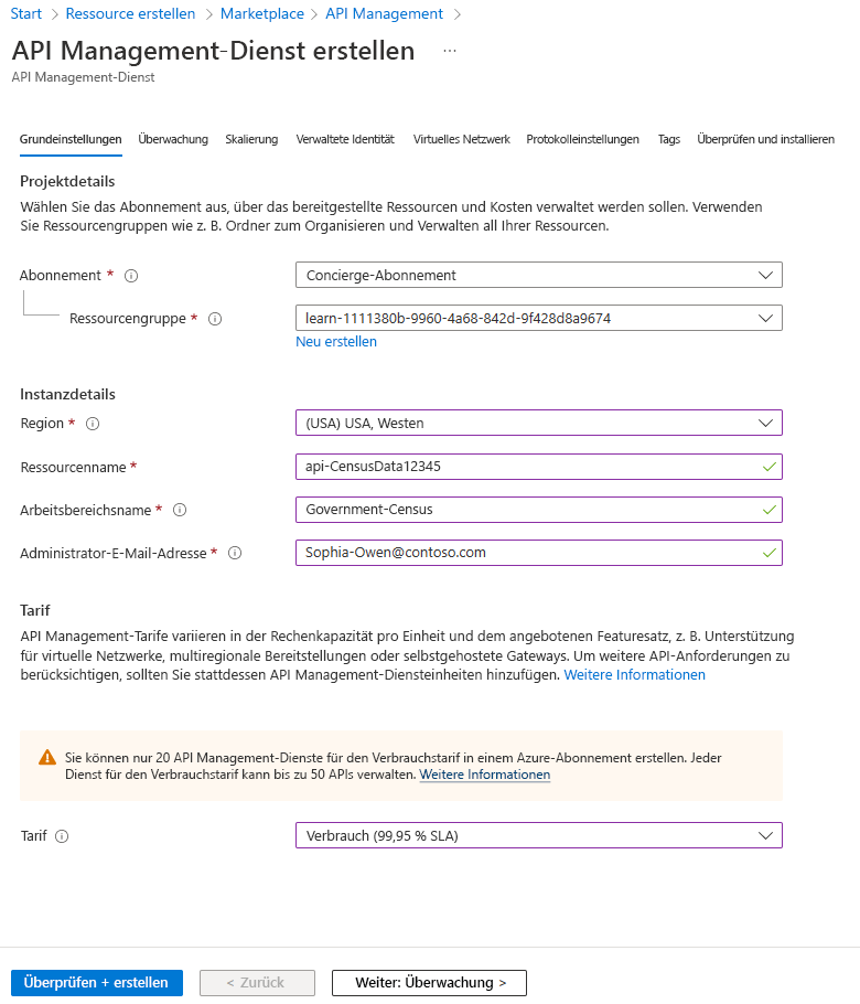 Screenshot der abgeschlossenen Einstellungen auf der Registerkarte „Grundlagen“ des Bildschirms „API Management-Dienst erstellen“