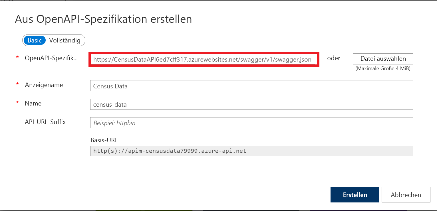 Screenshot des Dialogfelds „Aus OpenAPI-Spezifikation erstellen“ mit eingegebener Swagger-JSON-URL