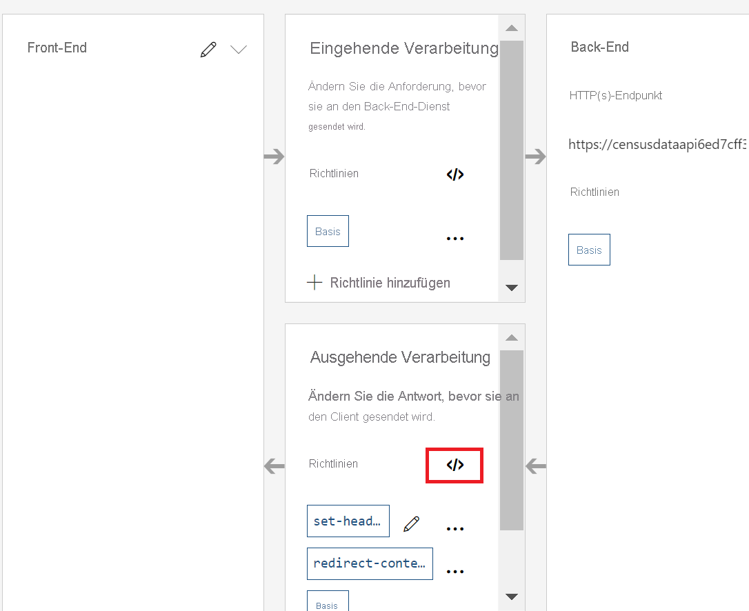 Screenshot der Registerkarte „Entwurf“ mit hervorgehobenem Richtliniensymbol im Abschnitt für die Verarbeitung ausgehenden Datenverkehrs