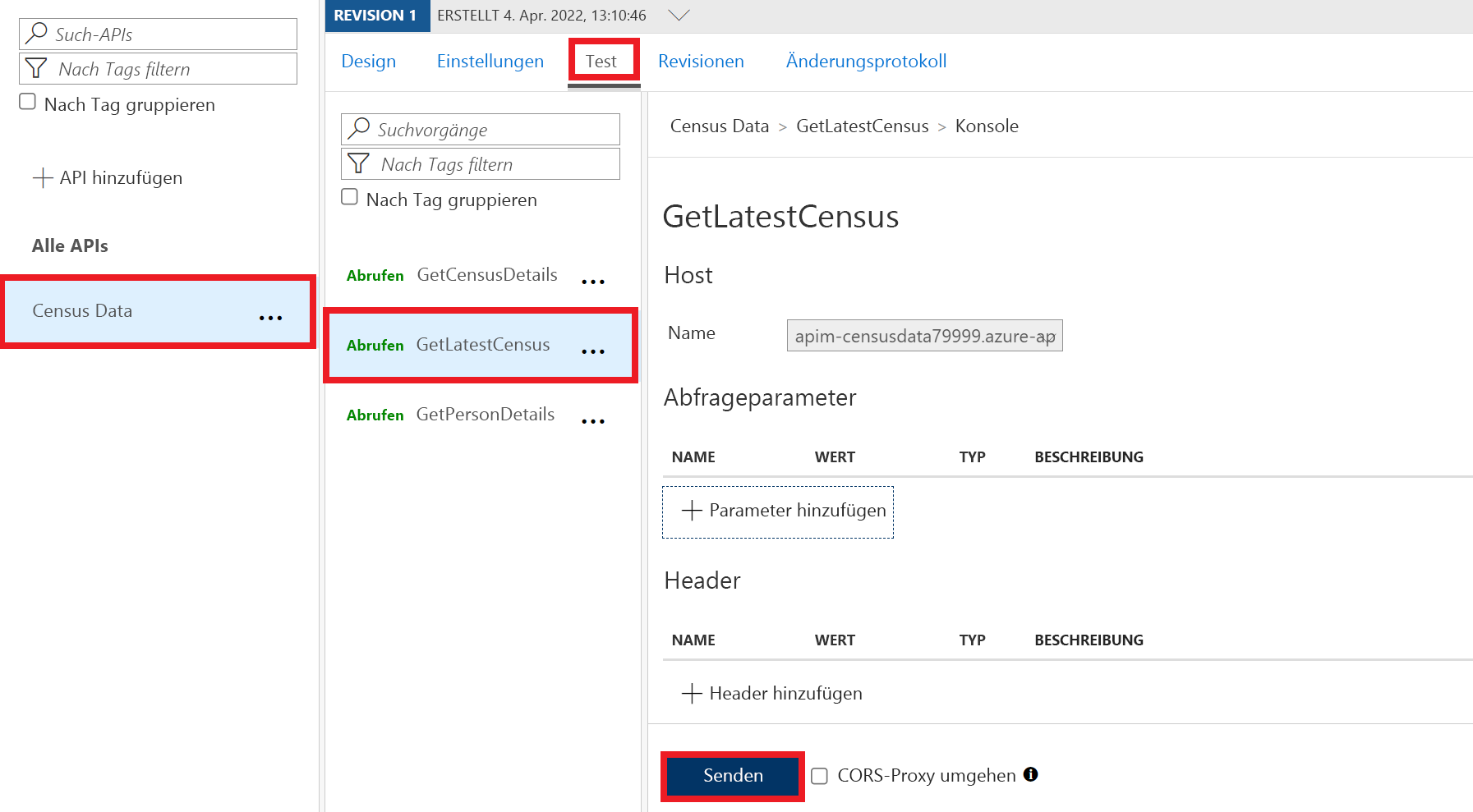 Screenshot des Testbildschirms für den GetLatestCensus-Vorgang der Census Data-API. Die Schaltfläche „Senden“ ist hervorgehoben.