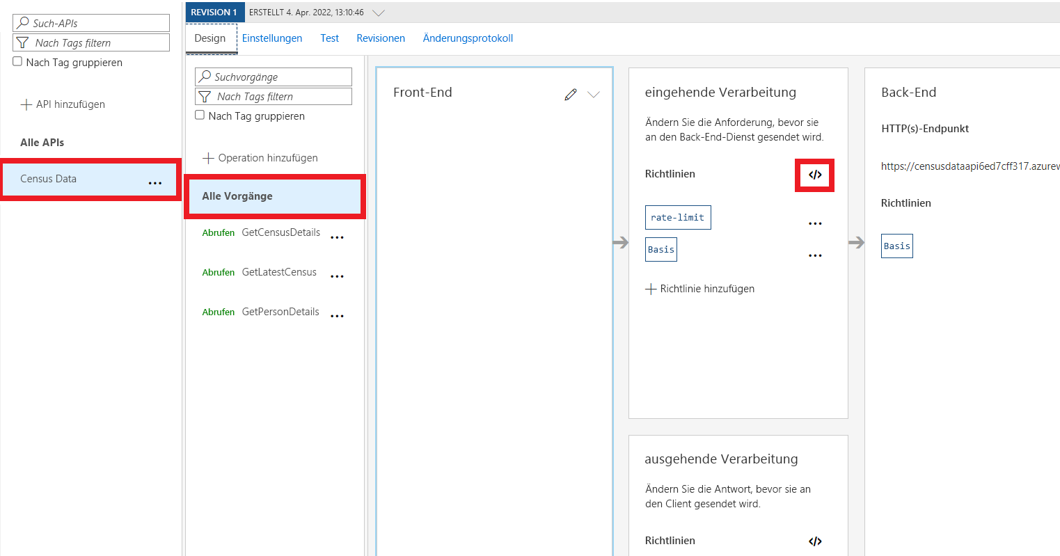 Screenshot der Registerkarte „Entwurf“ mit hervorgehobenem Richtliniensymbol im Abschnitt für die Verarbeitung eingehenden Datenverkehrs