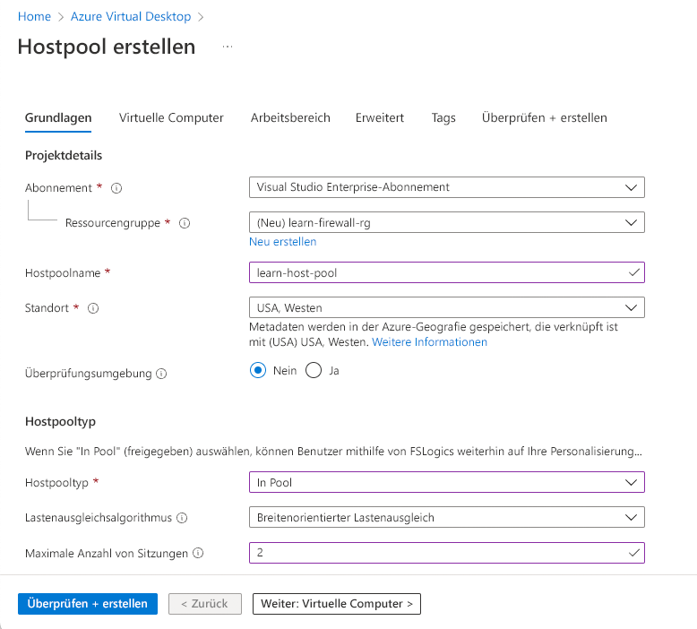 Screenshot showing the information to enter for the host pool creation.