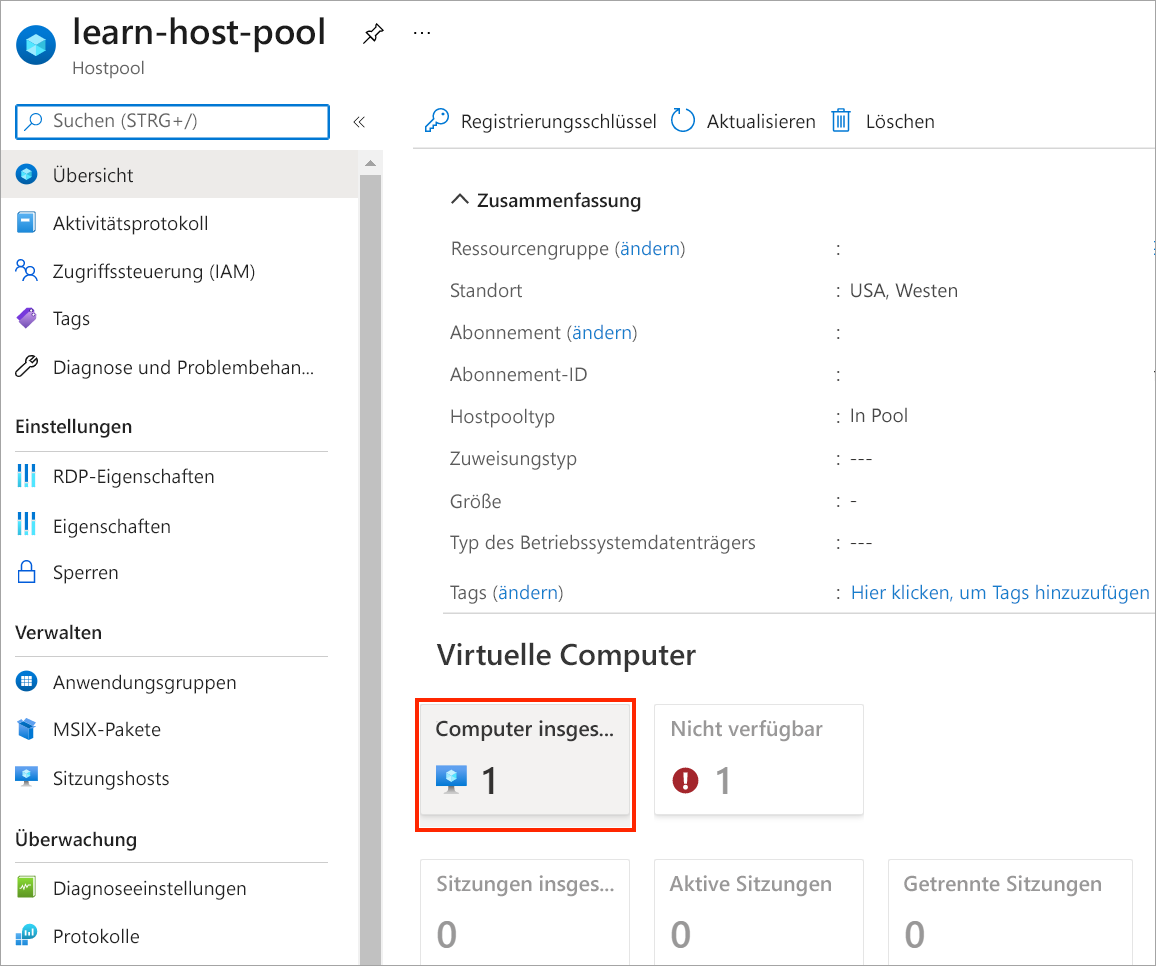 Screenshot that shows the host pool overview page with the total machines button in the center pane.