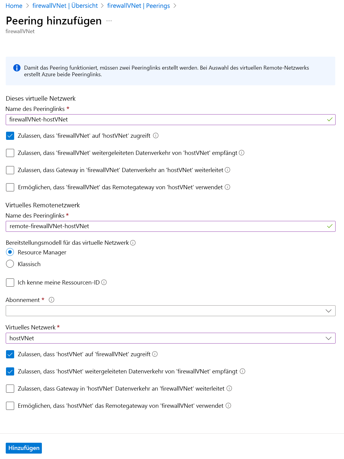 Screenshot: Informationen, die beim Hinzufügen eines Peerings angegeben werden müssen