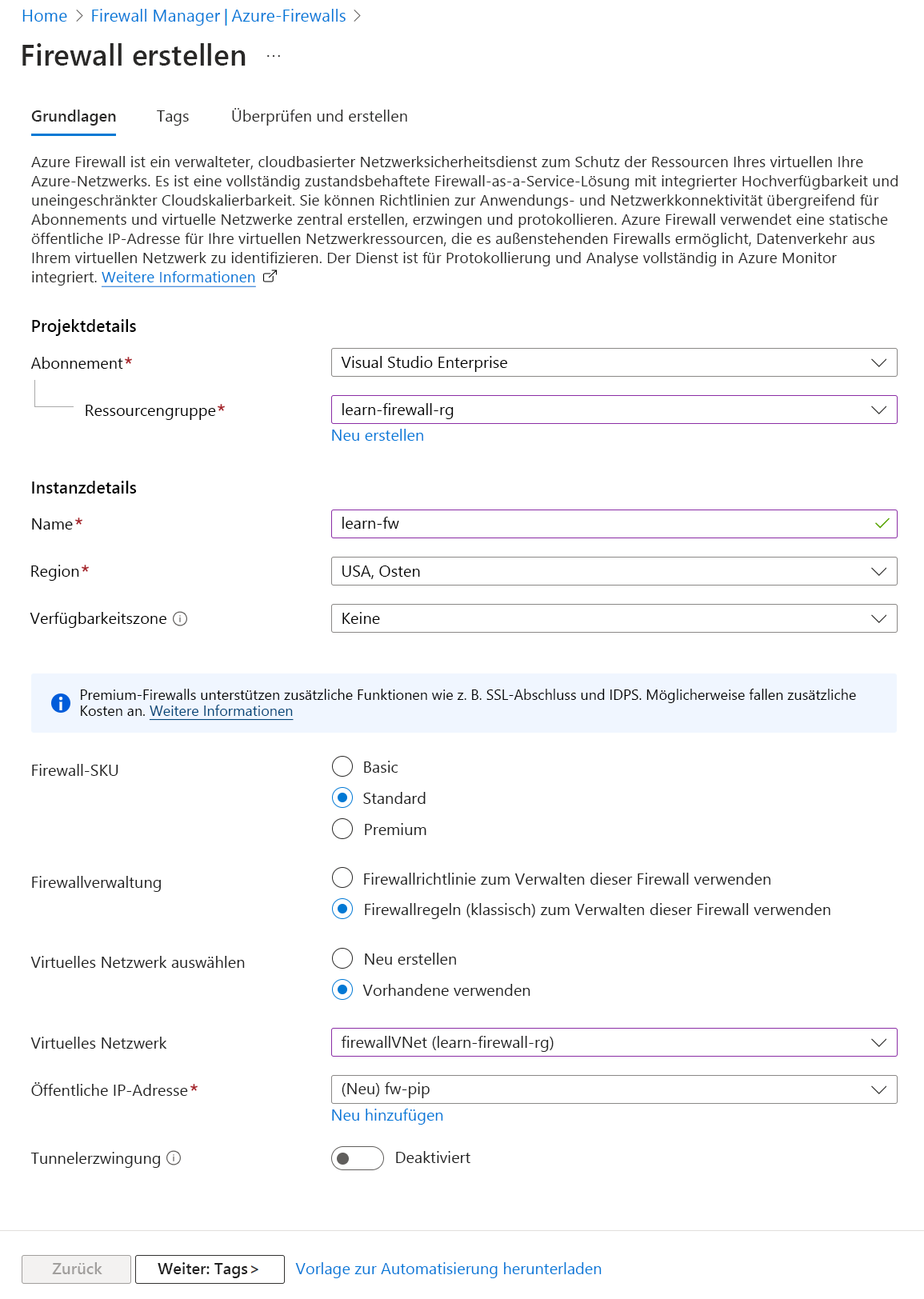 Screenshot: Informationen, die beim Erstellen einer Firewall angegeben werden müssen