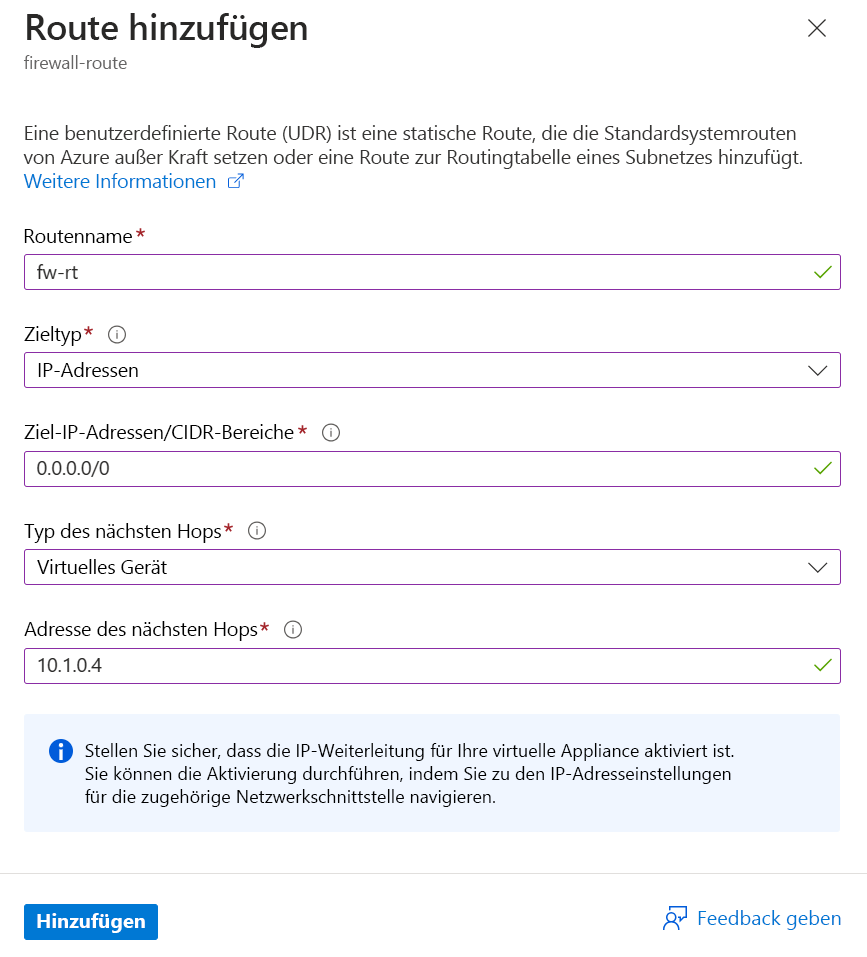 Screenshot that shows the information to include when adding a route.