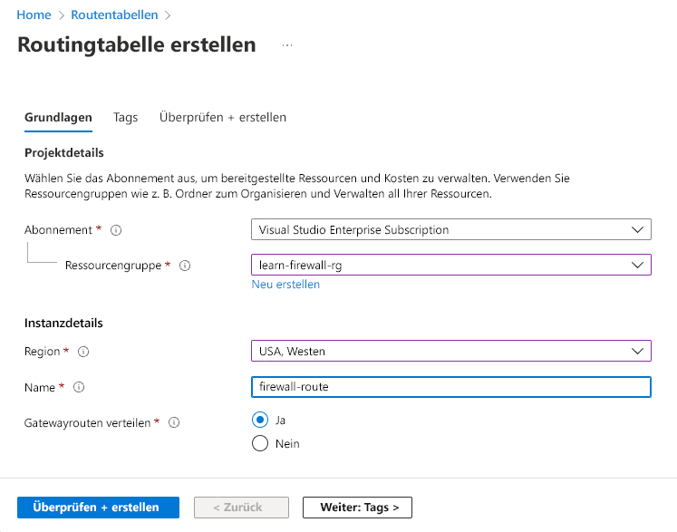 Screenshot that shows the information to include when creating a route table.