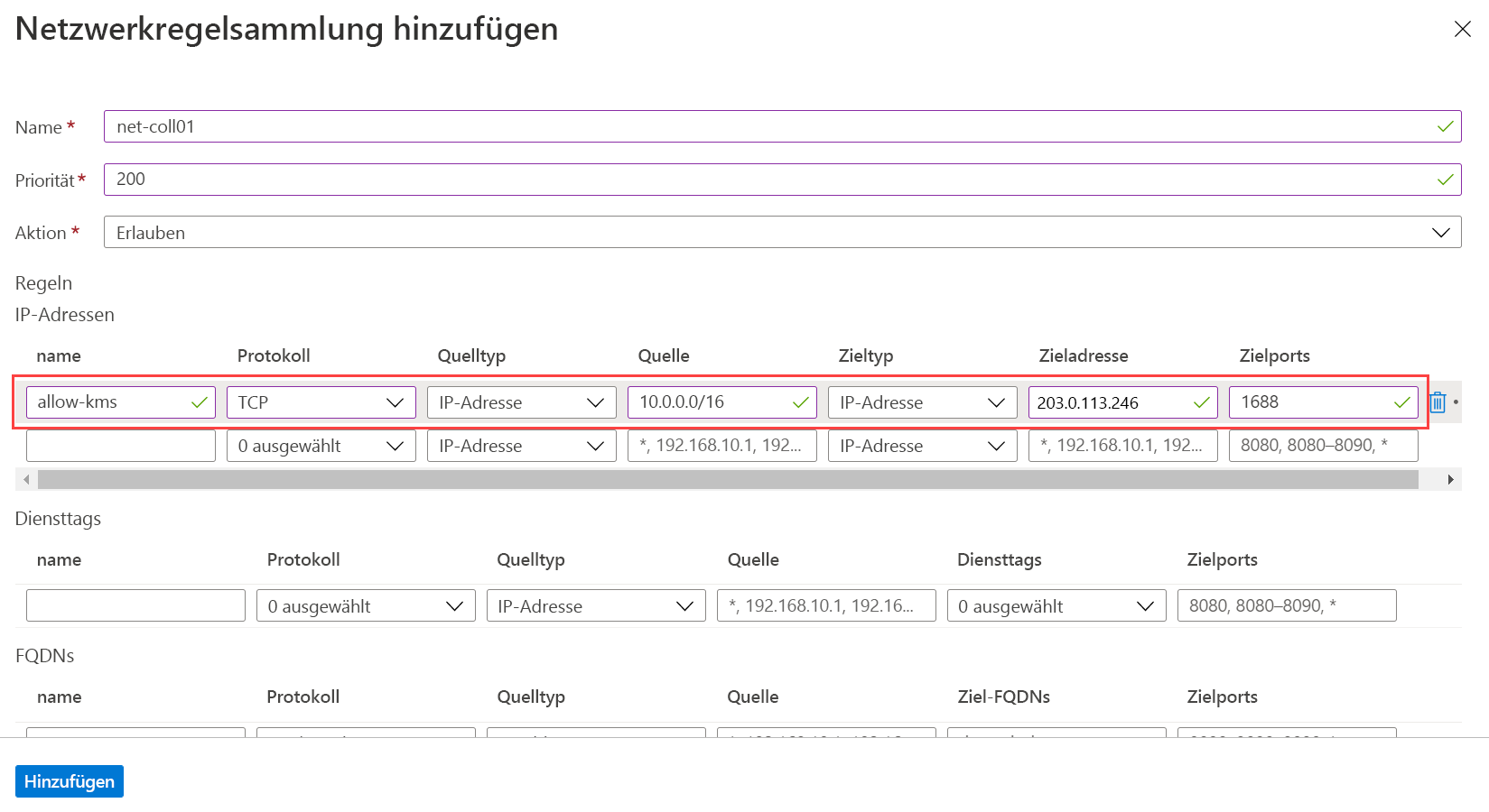 Screenshot that shows the network rule collection form filled out.