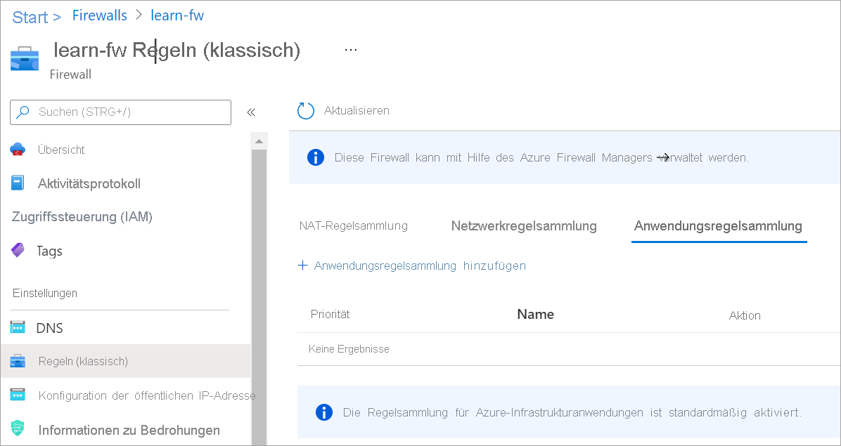 Screenshot that shows the application rule collection tab with the add application rule collection option.