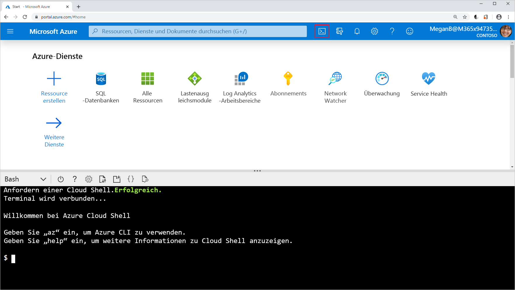 Screenshot des Cloud Shell-Symbols im Azure-Portal