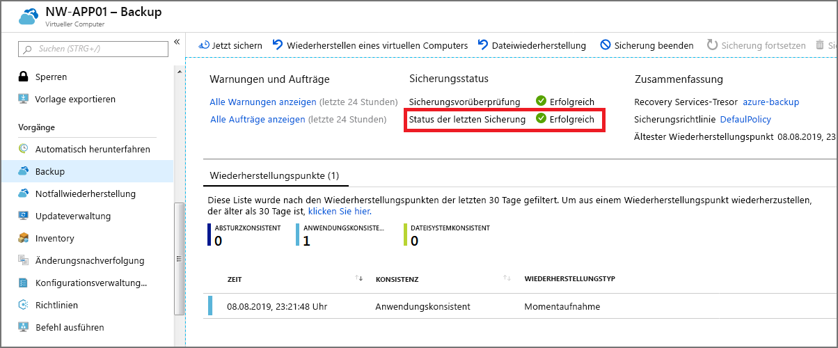 Screenshot: Seite „Sicherung“ nach der Einrichtung