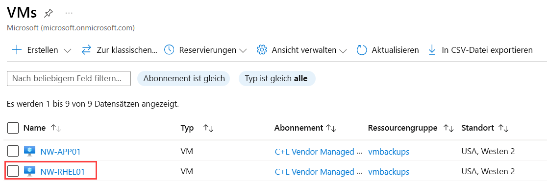 Screenshot: Auswählen eines virtuellen Computers